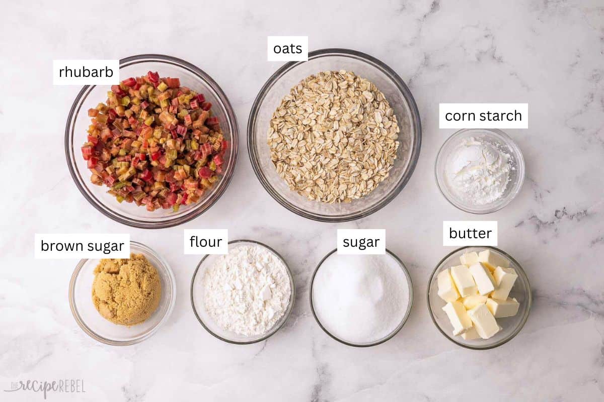 ingredients needed for rhubarb crisp in bowls.
